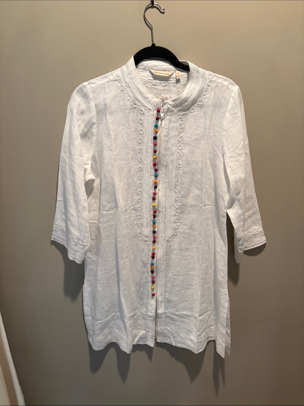 Soft Surroundings White Embroidered Cotton Coverup with Multicolor Bead Trim